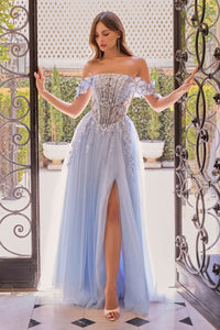 Off Shoulder Corset Lace Appliques Prom Dress Tulle A Line High Slit Formal Evening Gowns Ms2607312
