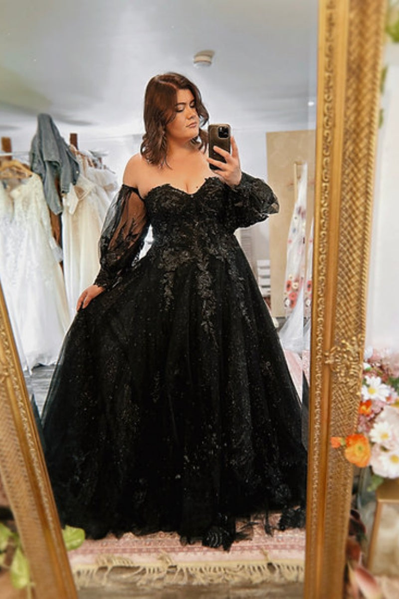 Plus Size Black Lace Wedding Dress Gothic Long Sleeve Off Shoulder Bri   Msikoods Official Store