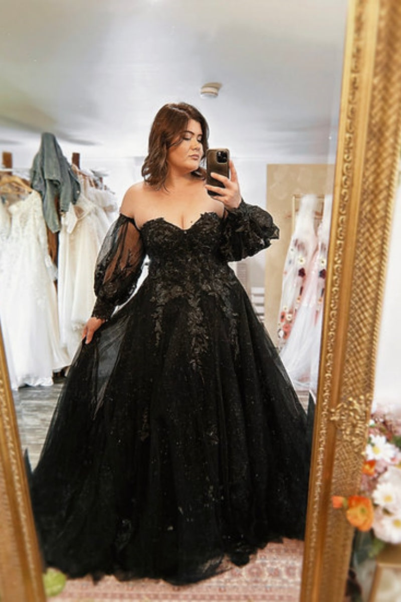 Plus Size Black Lace Wedding Dress Gothic Long Sleeve Off Shoulder