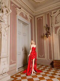 Red Shinny Satin Pleated Sexy Slit Evening Dress Draped Prom Dress Ms2512234