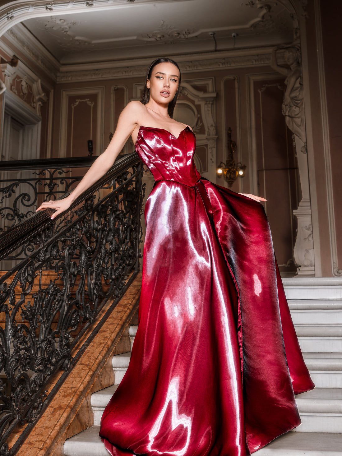 Red Sparkly Satin Evening Dress High Slit Sweetheart Prom Dress Ms2512235