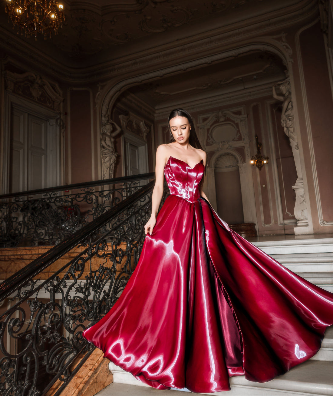 Red Sparkly Satin Evening Dress High Slit Sweetheart Prom Dress Ms2512235