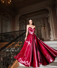 Red Sparkly Satin Evening Dress High Slit Sweetheart Prom Dress Ms2512235