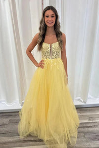 Yellow Tulle Prom Dress Lace Corset Evening Party Dress Ms2601082