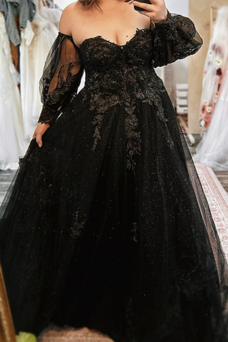 Plus Size Black Lace Wedding Dress Gothic Long Sleeve Off Shoulder