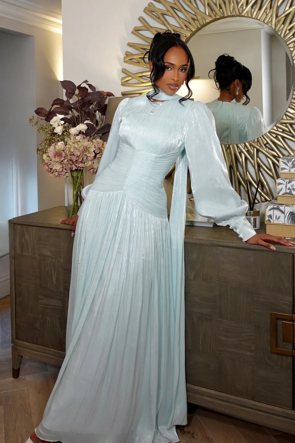 Elegantes grünes Ballkleid mit Rüschen und Rundhalsausschnitt für Damen, formelle Anlässe, Partykleid, Abendkleid