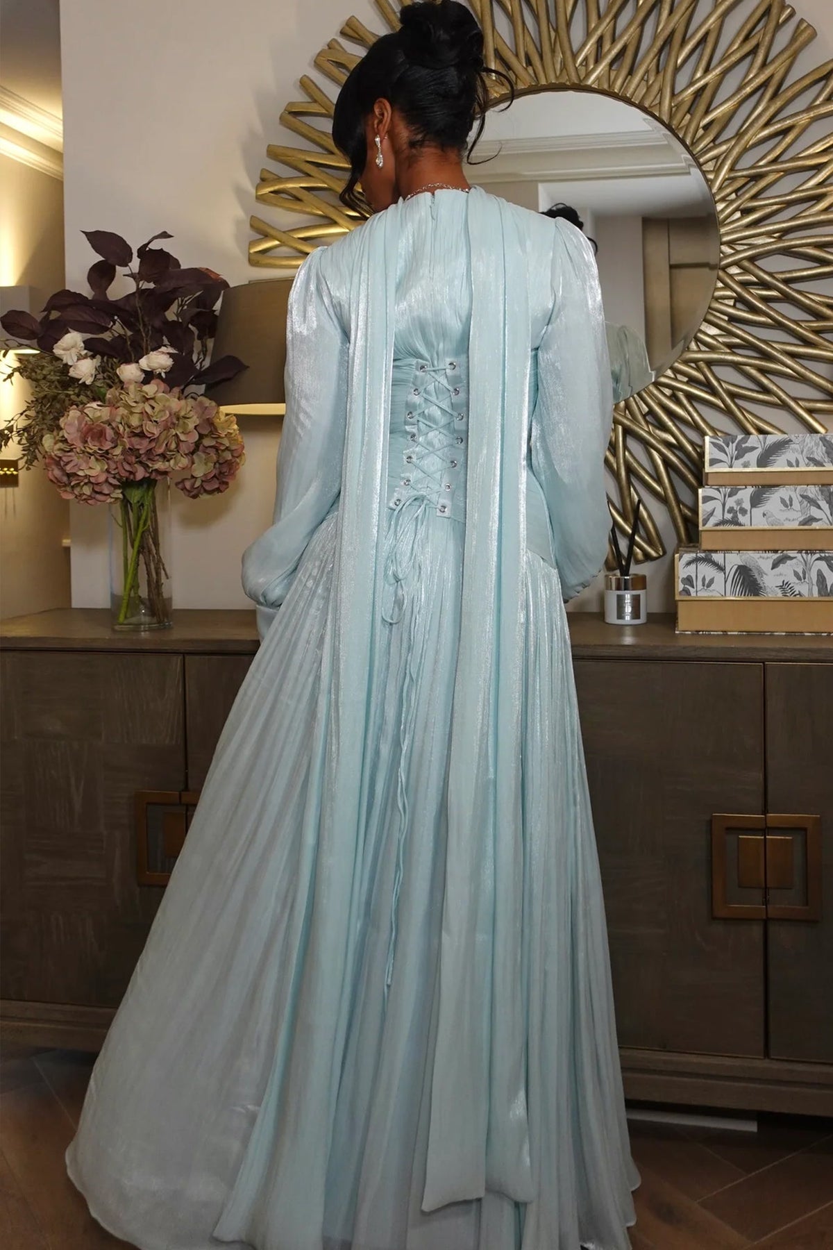 Elegantes grünes Ballkleid mit Rüschen und Rundhalsausschnitt für Damen, formelle Anlässe, Partykleid, Abendkleid