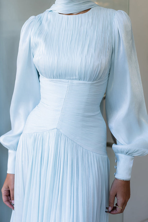 O Neck Long Sleeve Corset Pleated Evening Dress Modest Formal Prom Dress Ms2604265