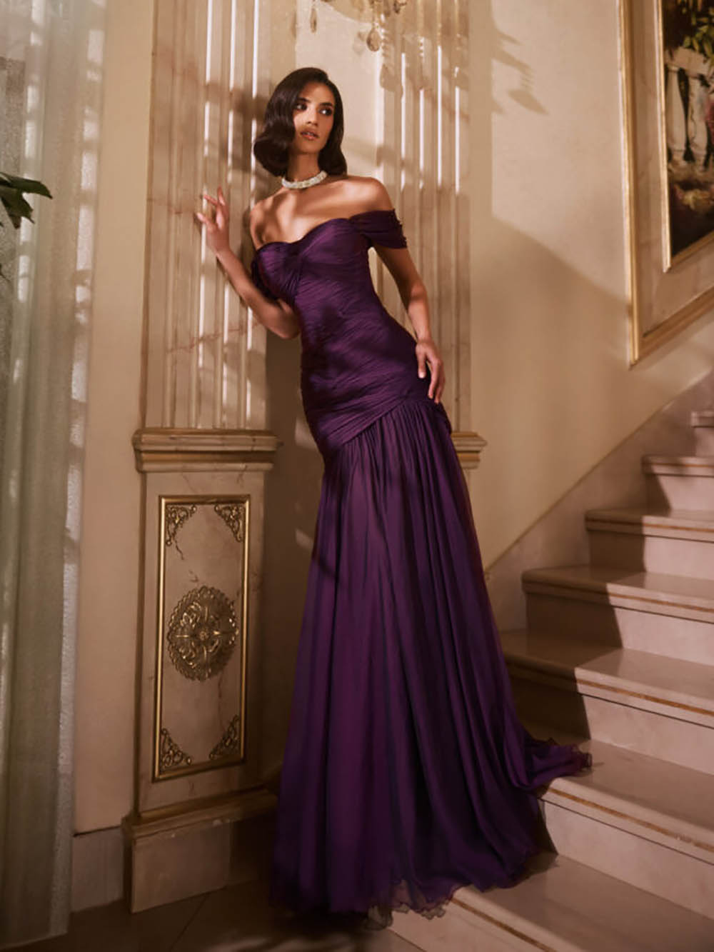 Purple Prom Dress Off Shoulder Birthday Dress Ruched Chiffon Formal Mermaid Evening Gowns Ms2609033