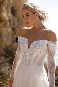 Lace Wedding Dress 3D Flower Corset Long Sleeve Beach Chiffon Bridal Dress Ms2603065