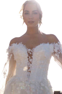 Robes de mariée à manches longues pour mariée Robes de mariée à col en V Robes de mariée en dentelle et tulle pour femmes avec traîne