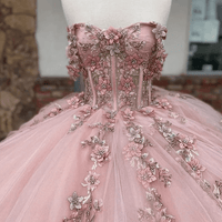 Pink Quinceanera Dress Off Shoulder Corset 3D Flower Lace Appliques Glitter Sweet 16 Gown Ms2605113