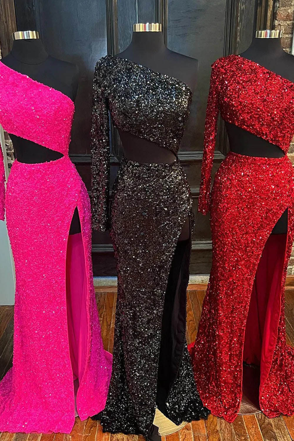 One Shoulder Sequin Prom Dress Sexy Cutout High Slit Evening Dress Ms2509212
