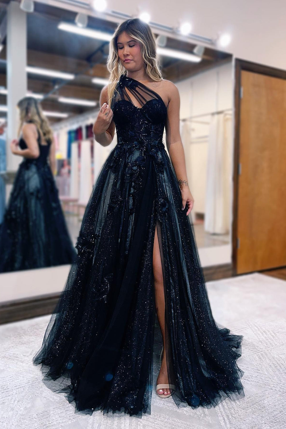 One Shoulder Slit Sparkly Prom Dress Flower Formal Evening Dress Ms2508095