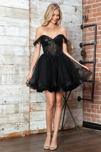 Off Shoulder Beaded Tulle Homecoming Dress Corset A Line Short Prom Dress Ms2610222