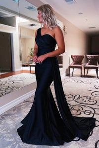 One Shoulder Black Evening Dress Mermaid Satin Prom Gown Ms2510113