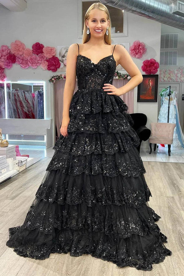 Sequin Layered Evening Dress Spaghetti Strap Tiered Prom Dress Ms2511012