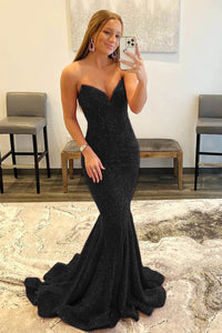 Red Strapless Mermaid Evening Dress Sparkly Long Prom Dress Ms2509211