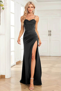 Satin Evening Gown Sexy Spaghetti Strap Corset Prom Dress With Slit Ms2510161