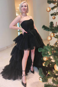 Strapless Prom Dress Layered Tulle High Slit Evening Party Dress MS2509265