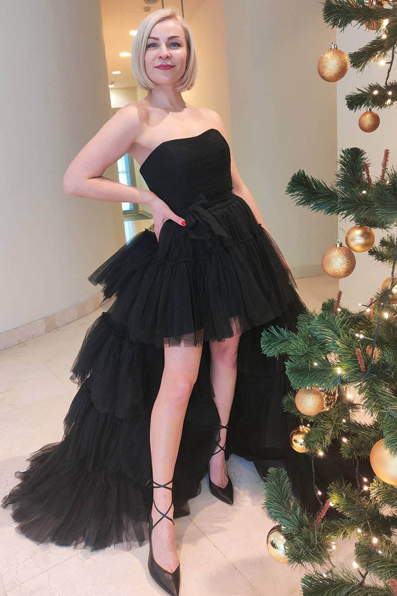 Strapless Prom Dress Layered Tulle High Slit Evening Party Dress MS2509265