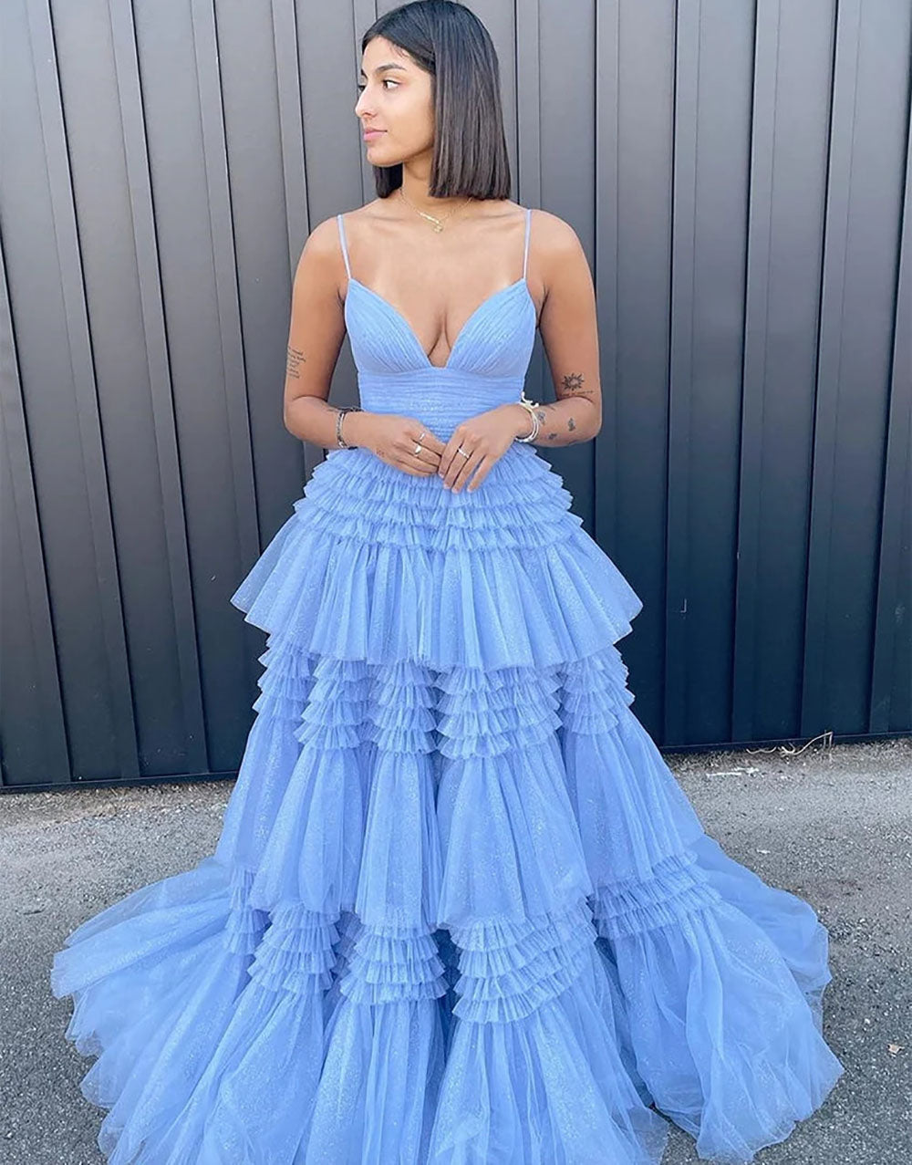 Abito da sera con spacco Ruffle, scollo a cuore, applicazioni in pizzo, corsetto, abito formale per festa di prom Ms2504114