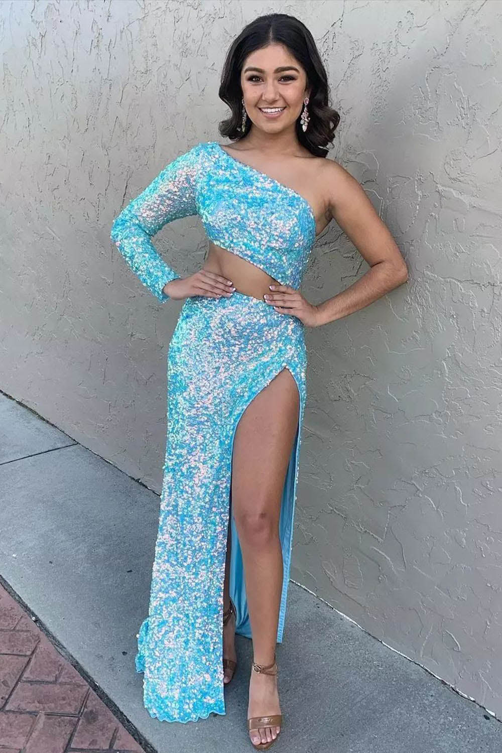 One Shoulder Sequin Prom Dress Sexy Cutout High Slit Evening Dress Ms2509212