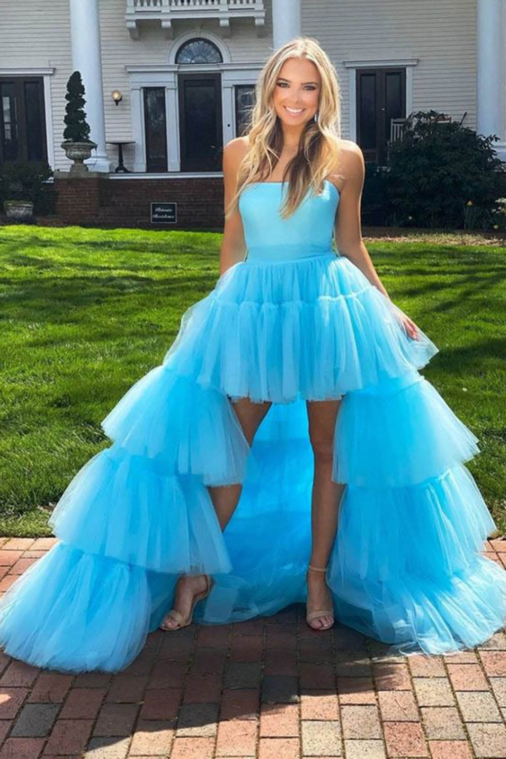 Strapless Prom Dress Layered Tulle High Slit Evening Party Dress MS2509265