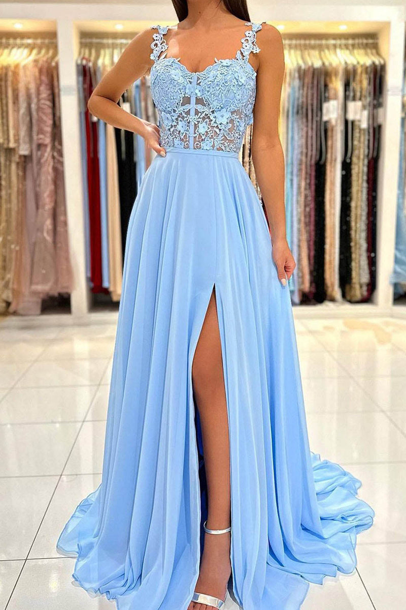 Spaghetti Straps High Slit Party Dress Corset Prom Dress with Appliques Ms2509263