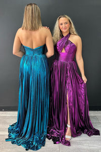 Pleated Halter Prom Dress High Slit Shiny Elegant Evening Party Dress Ms2511082