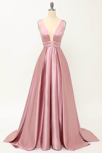 Deep V-Neck Pleated A-Line Prom Dress Satin Backless Evening Dress Ms2510165