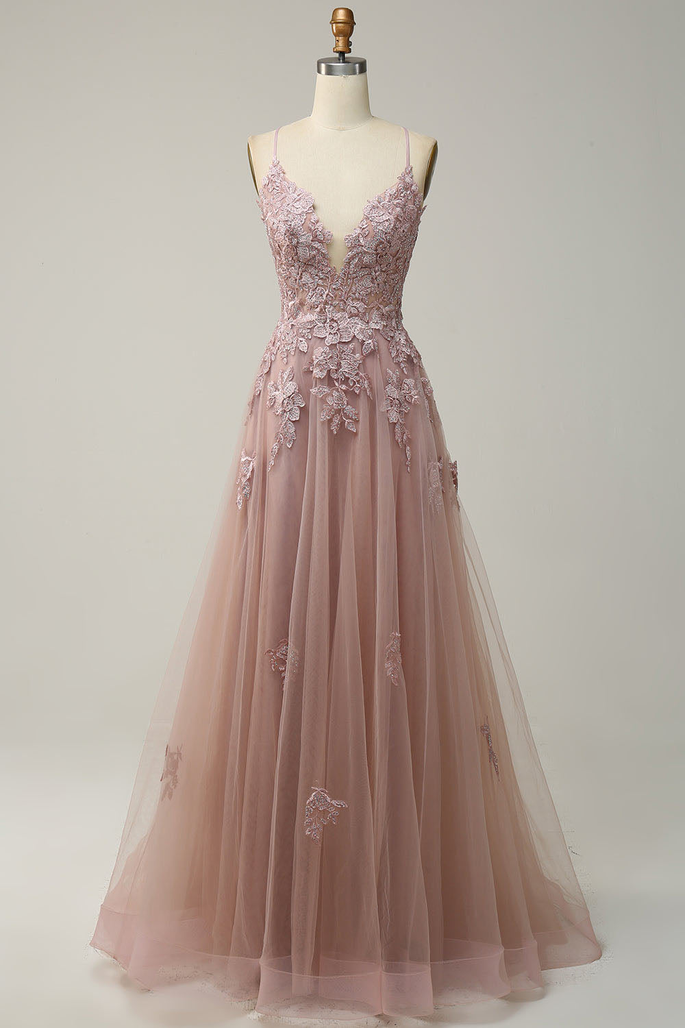 V Neck Prom Dress A-Line Spaghetti Straps Lace Applique Formal Gown Ms2509011