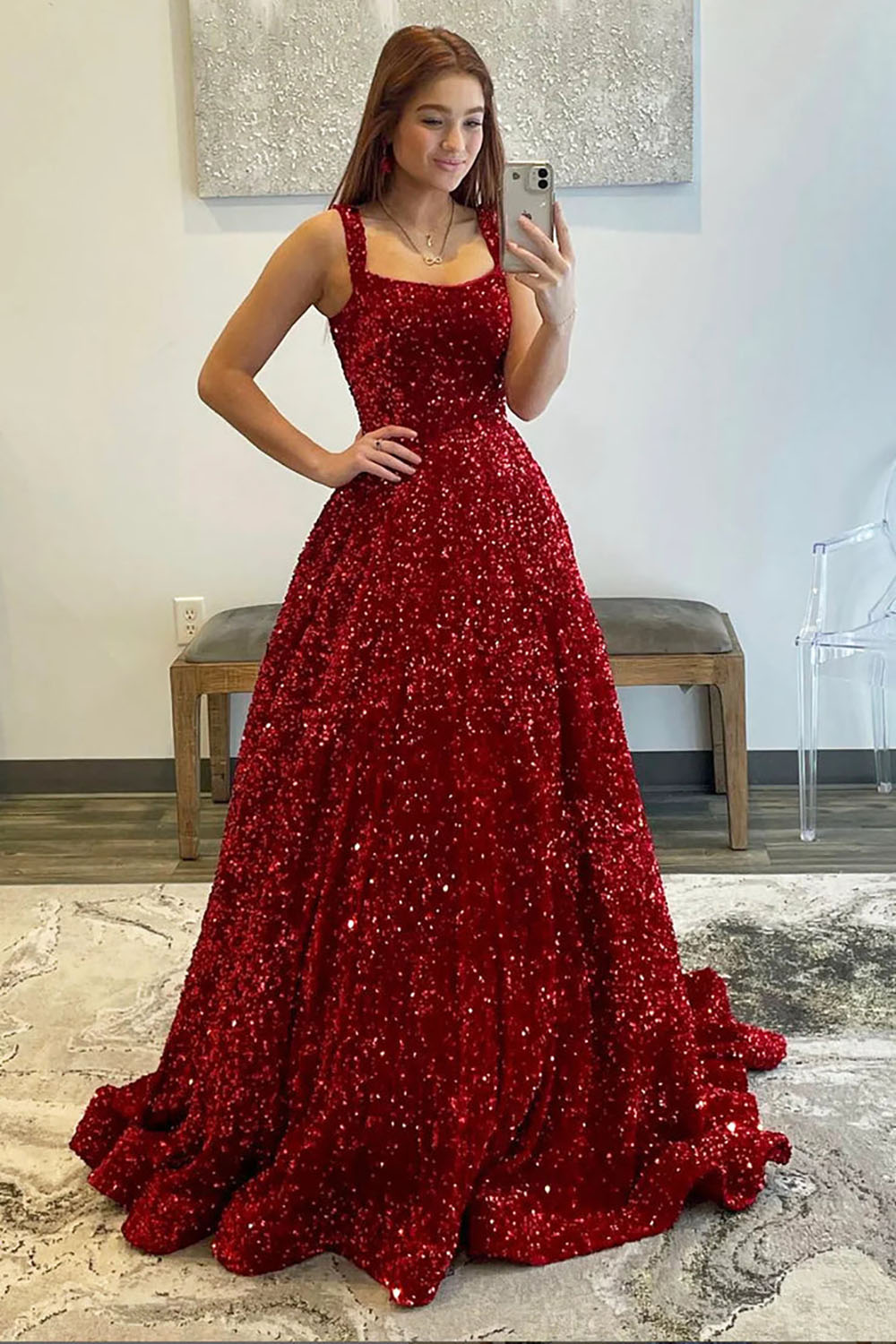 Burgundy Sequin Ball Gown Sparkly Evening Dress Shine Prom Dress Ms2601094