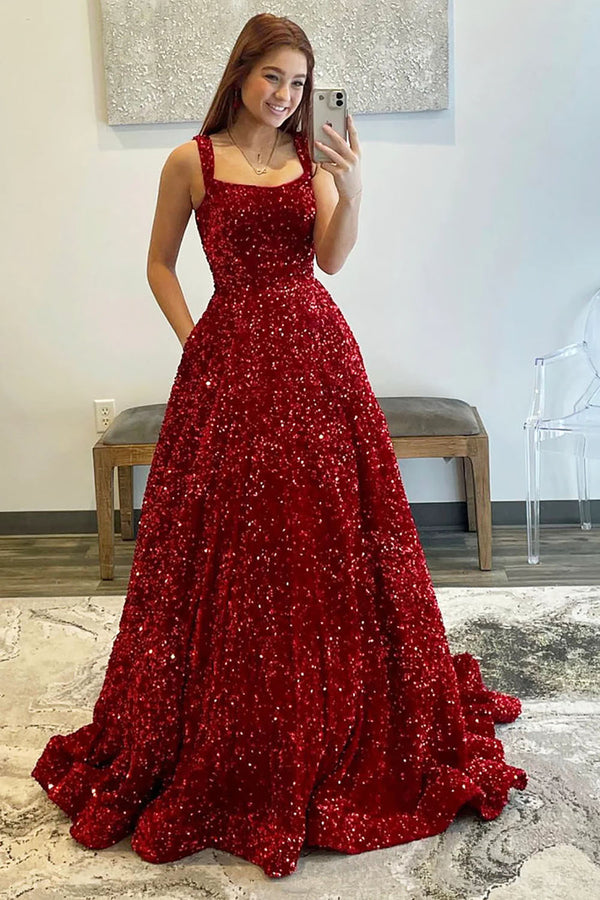 Burgundy Sequin Ball Gown Sparkly Evening Dress Shine Prom Dress Ms2601094