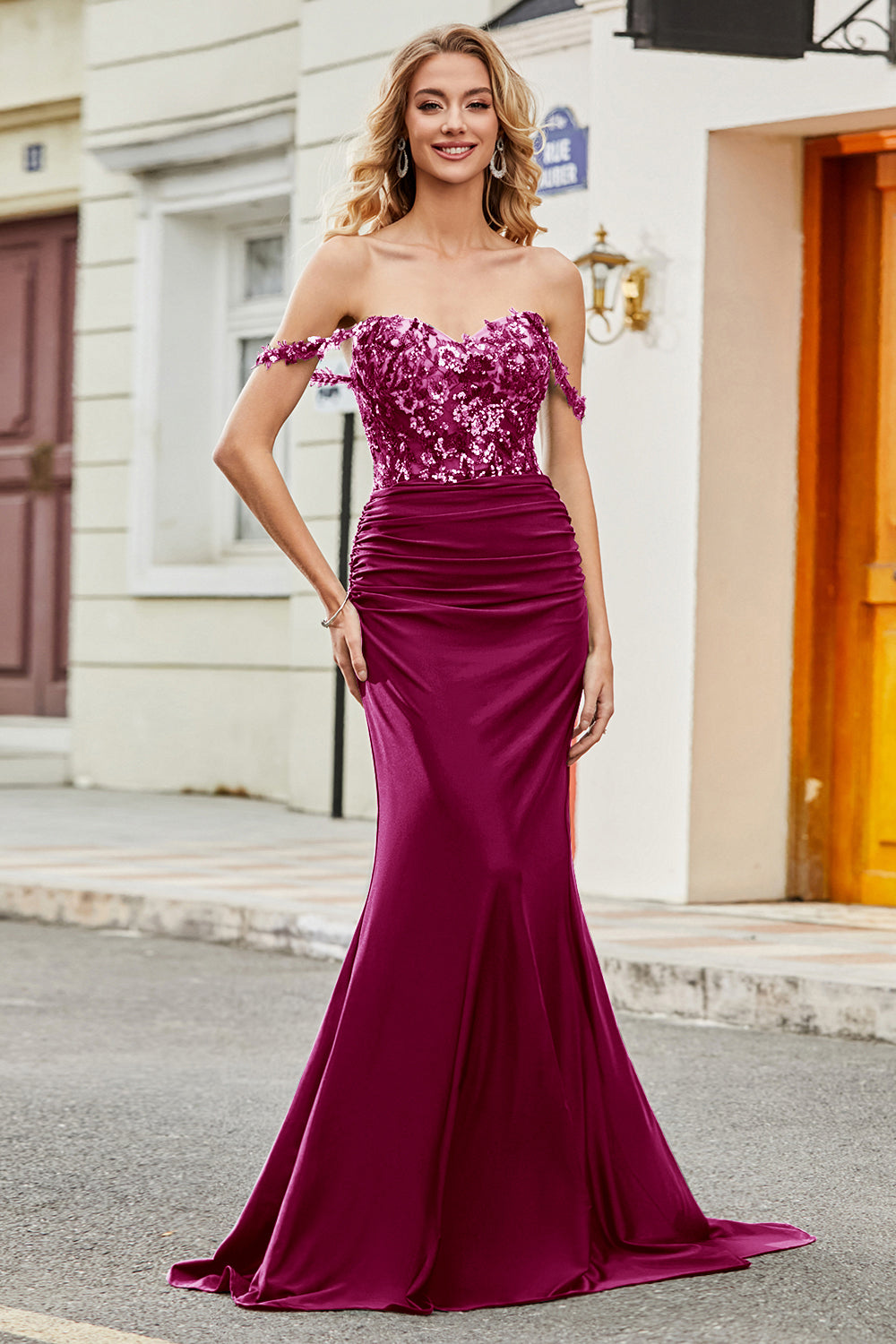 Off Shoulder Mermaid Prom Dress Ruched Long Evening Dress Ms2511213