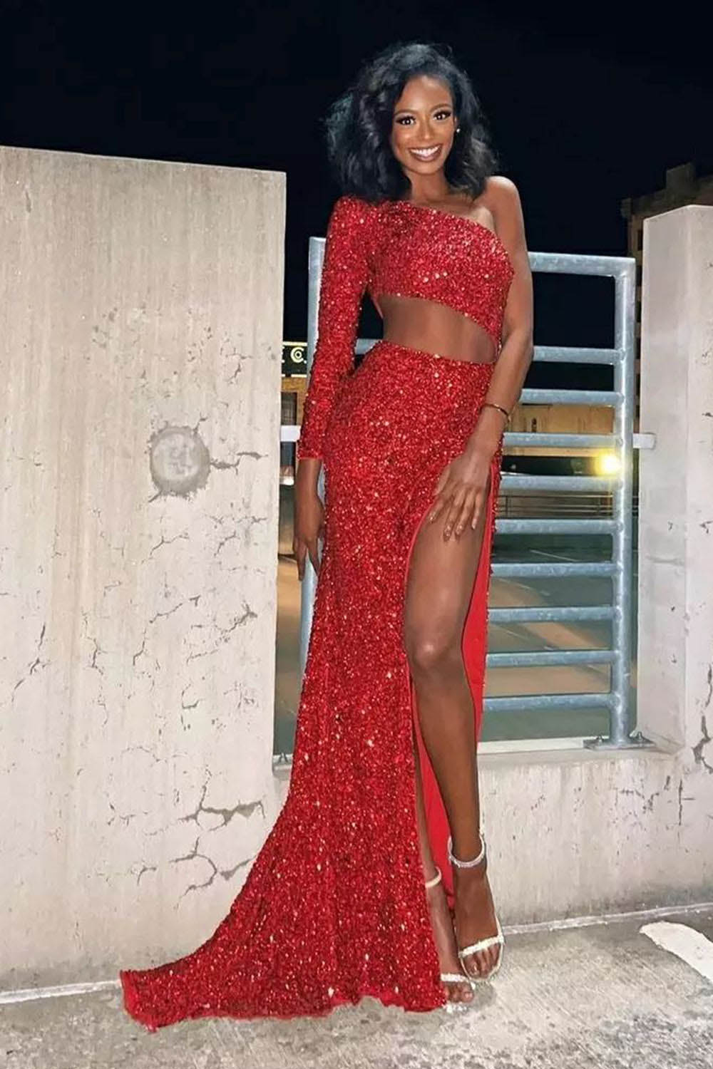 One Shoulder Sequin Prom Dress Sexy Cutout High Slit Evening Dress Ms2509212