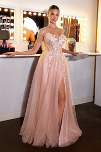 Blush Pink Prom Dress Sweetheart Corset Lace Appliques Tulle High Slit Formal Evening Gowns Ms2607313