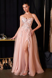 Blush Pink Prom Dress Sweetheart Corset Lace Appliques Tulle High Slit Formal Evening Gowns Ms2607313