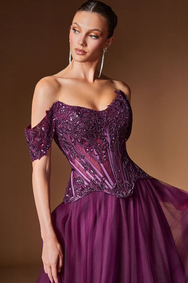 Purple Prom Dress Off The Shoulder Corse Appliques Beaded Tulle A Line Formal Evening Gowns Ms2607301