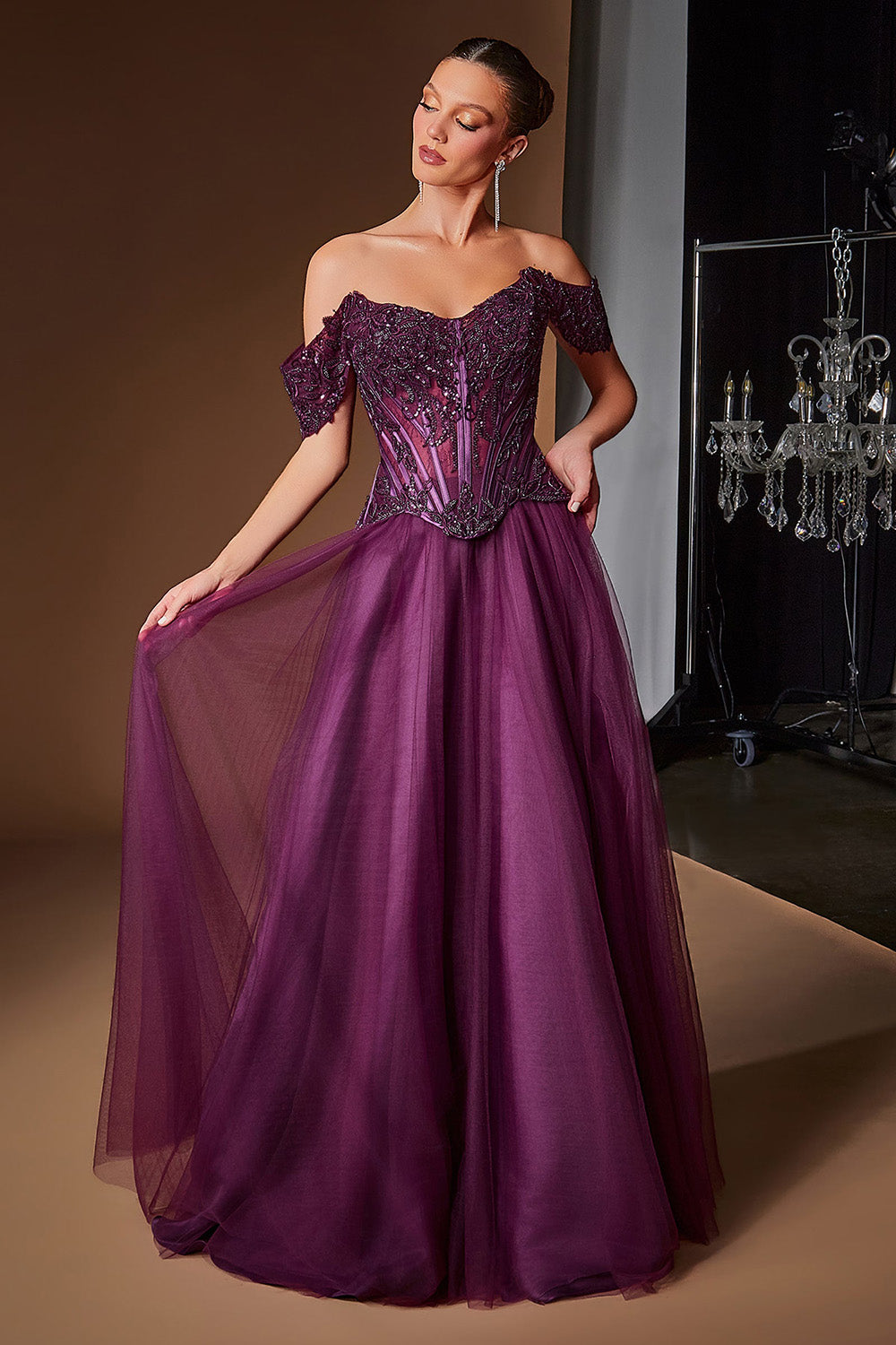 Purple Prom Dress Off The Shoulder Corse Appliques Beaded Tulle A Line Formal Evening Gowns Ms2607301