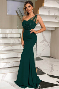 One Shoulder Green Mermaid Prom Dress 2025 Evening Party Dress Ms2509195