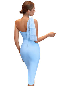 One Shoulder Prom Dress Bow Bodycon Cocktail Dress with Slit Ms2509194