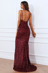 Burgundy Sequin Slit Evening Gown Sparkly V Neck Backless Prom Dress Ms2510116