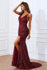 Burgundy Sequin Slit Evening Gown Sparkly V Neck Backless Prom Dress Ms2510116