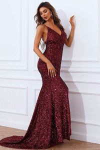 Burgundy Sequin Slit Evening Gown Sparkly V Neck Backless Prom Dress Ms2510116