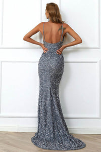 Burgundy Sequin Slit Evening Gown Sparkly V Neck Backless Prom Dress Ms2510116
