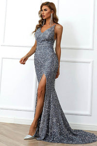 Burgundy Sequin Slit Evening Gown Sparkly V Neck Backless Prom Dress Ms2510116