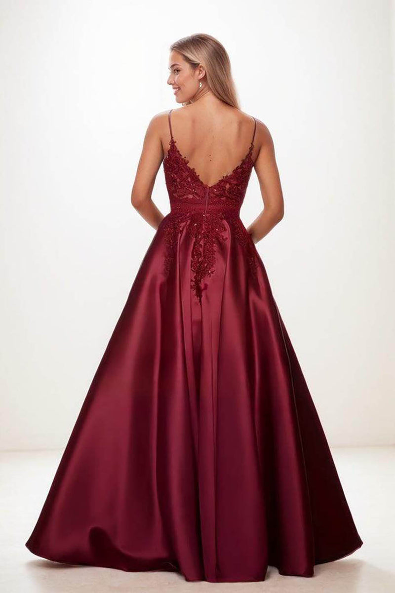 Burgundy Satin Ball Gown Prom Dress Spaghetti Straps Lace Evening Dress Ms2601244