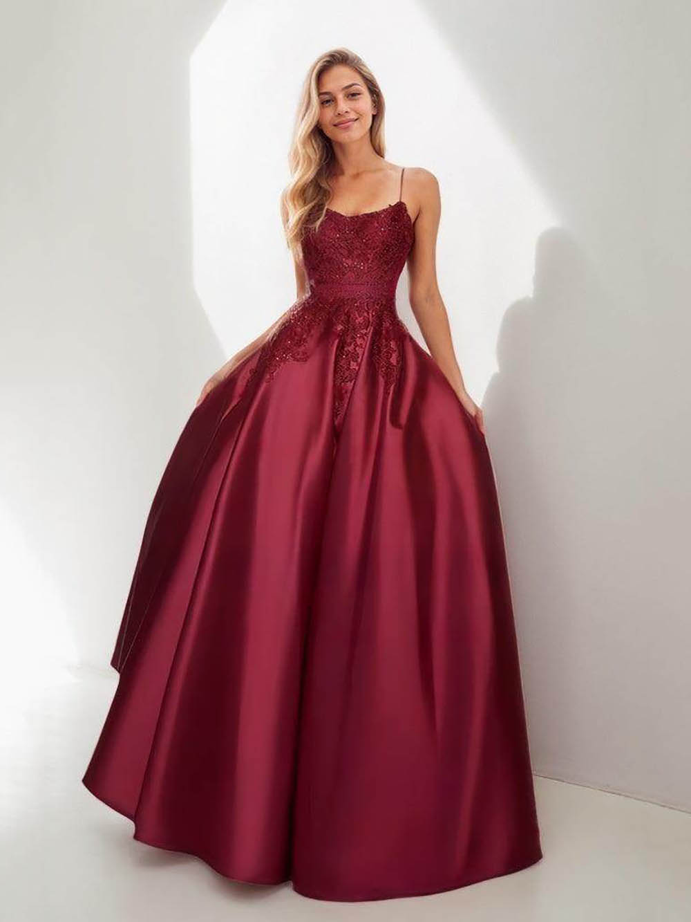 Burgundy Satin Ball Gown Prom Dress Spaghetti Straps Lace Evening Dress Ms2601244