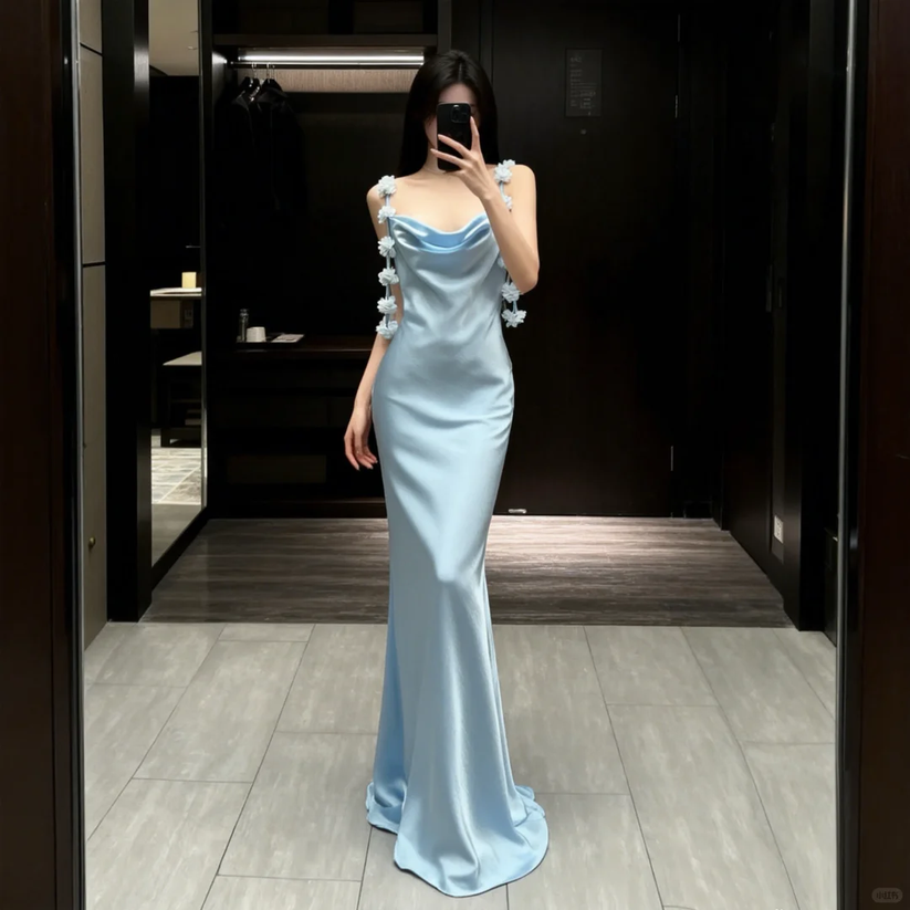 Satin Mermaid Evening Dress Cowl Neck Floral Strap Formal Evening Gown Backless Party Dress Ms2607211